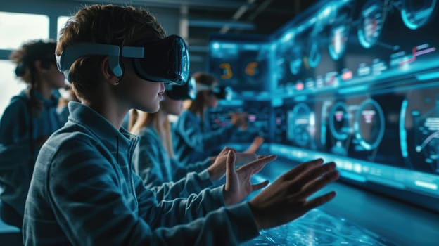 A group of students engages with virtual reality headsets in a classroom setting, exploring immersive educational content. AIG41