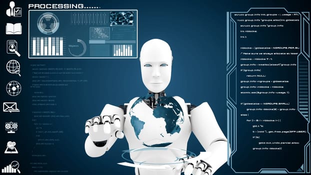 MLP 3d illustration Futuristic robot, artificial intelligence CGI big data analytics and programming. Robotic man 3D render animation. 3D illustration.