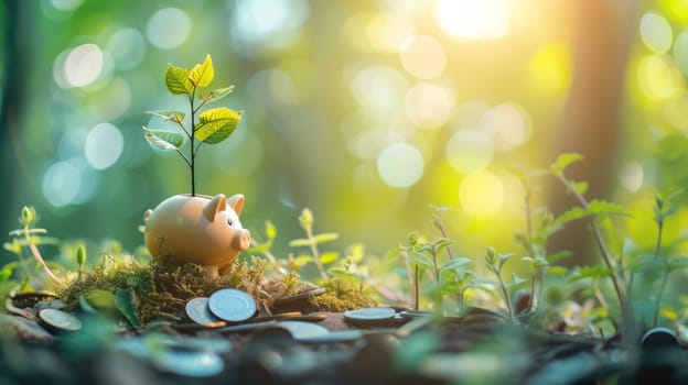 An image of little cute pink piggy bank placed near tree growing with coin scattering at the ground. Close up of piggy bank represented investment and financial advice. Saving money concept. AIG42.