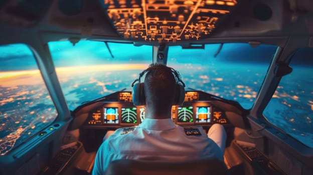 Confident professional pilot flying aircraft while sitting at plane cockpit and focusing on using control panel. Attractive pilot looking and checking control panel while seated at flight deck. AIG42.
