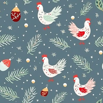 Christmas seamless pattern, tileable holiday English country chicken bird print for wallpaper, wrapping paper, scrapbook, fabric and product design motif