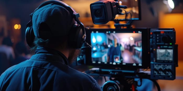 Professional skilled producer or camera man looking at monitor display video recording and taking video at studio. Energetic smart journalist conducting and taking video of interview section. AIG42.