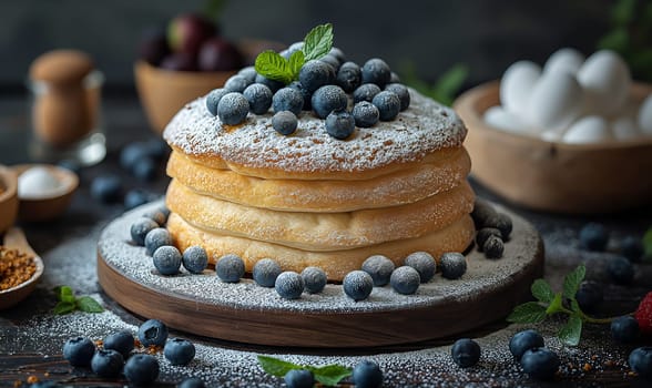 A cake topped with blueberries and powdered sugar. Selective focus.