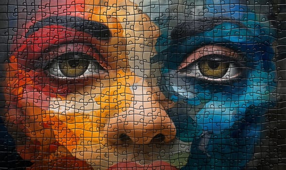 Completed puzzle with a woman's face, close-up. Selective focus.