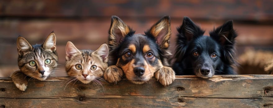 The picture of front view and close up of the multiple group of the various cat and dog in front of the wood object background that look back to the camera with the curious and interest face. AIGX03.