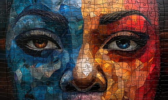 Completed puzzle with a woman's face, close-up. Selective focus.