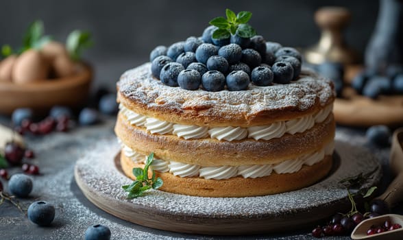 A cake topped with blueberries and powdered sugar. Selective focus.