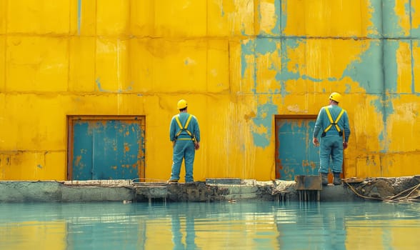 Two men in blue work clothes stand in front of a yellow building.