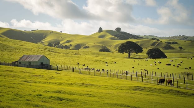 A serene landscape showcasing a rustic farmhouse with a red roof, surrounded by green pastures and grazing cattle under a dramatic stormy sky. Resplendent.