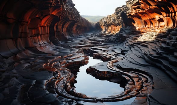 A large hole in the side of a mountain filled with water.