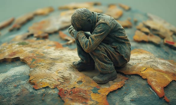 Small figurine of a boy sitting atop a miniature globe.