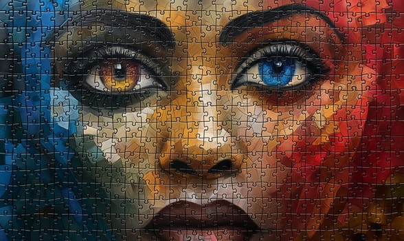 Completed puzzle with a woman's face, close-up. Selective focus.