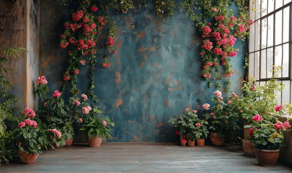 Various potted plants positioned in front of a blue wall.