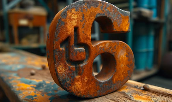 Rusty number resting on top of wooden surface.