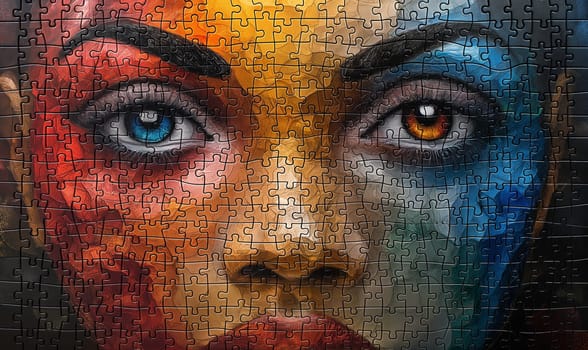 Completed puzzle with a woman's face, close-up. Selective focus.