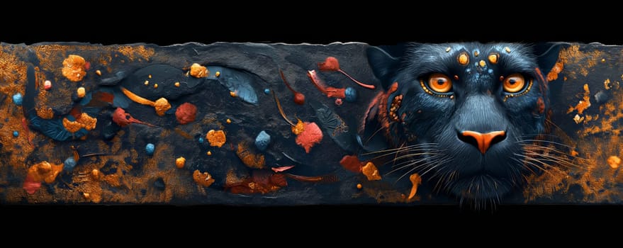 A painting of a black cat with striking orange eyes.