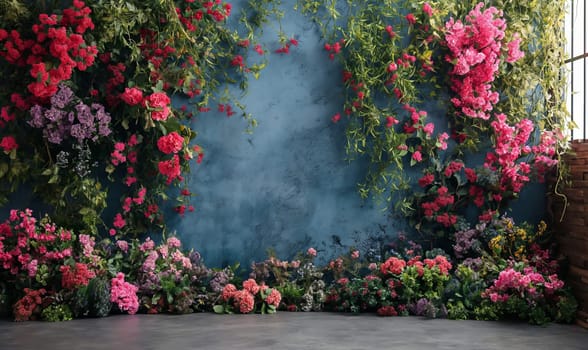 A blue wall covered in vibrant pink and red flowers in bloom.