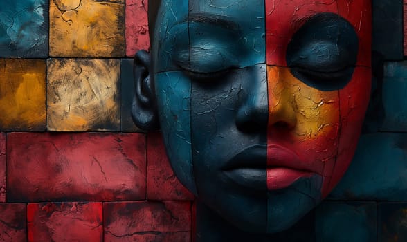 A portrait of a womans face painted in vibrant colors.