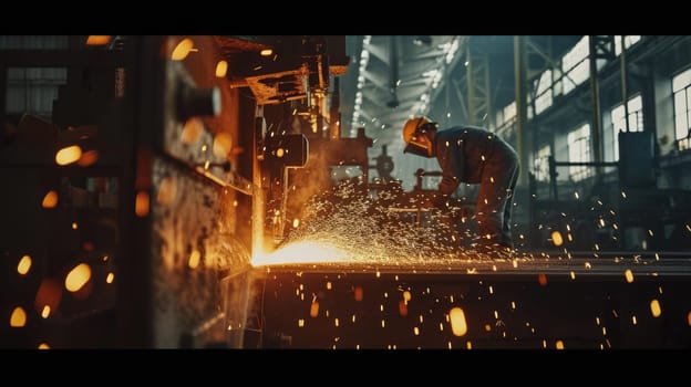 Smart industrial worker working at factory and making a fire spark while wearing safety helmet. Professional engineer fixing and repairing factory machine while wearing safety gear. Industrial. AIG42.