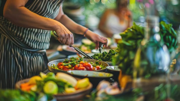 A chef is cooking a dish of spaghetti with tomatoes using natural ingredients in a kitchen. The plate will be served on tableware for sharing the delicious cuisine AIG50