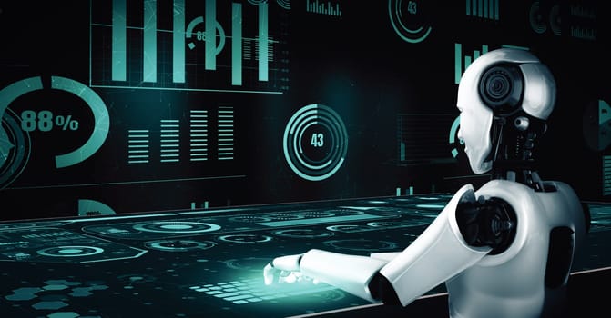 MLP 3d illustration Future financial technology controll by AI robot huminoid uses machine learning and artificial intelligence to analyze business data and give advice on investment and trading decision. 3D rendering.