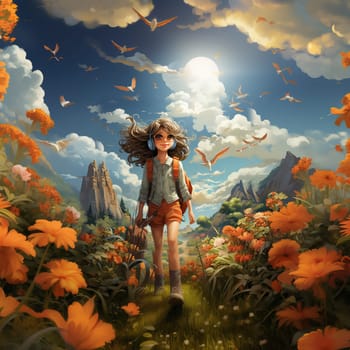 A painting depicting a young girl strolling through a vibrant field of blooming flowers.