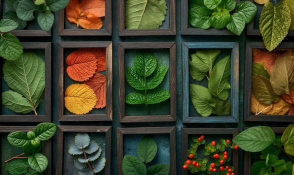 Background for design, various leaves in frames. Selective focus..Selective focus.