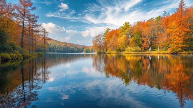 Vibrant fall foliage reflects on the still waters of a forest lake, creating a tapestry of autumn colors in a tranquil natural setting. Resplendent.