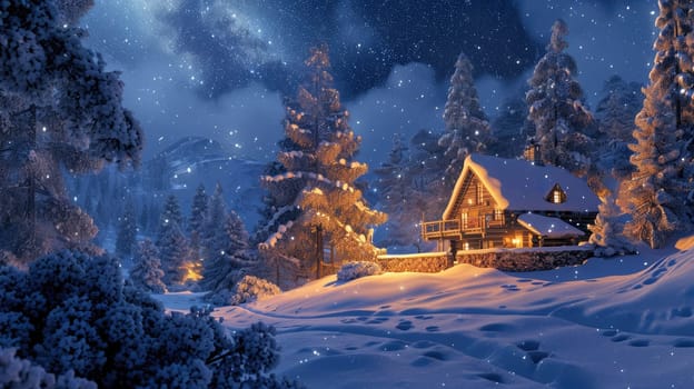 A cozy cabin nestles in a snow-laden landscape, with the mesmerizing Northern Lights dancing in the sky above the towering mountains. Resplendent.
