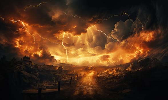 Painting of a sunset with dense clouds covering the sky.