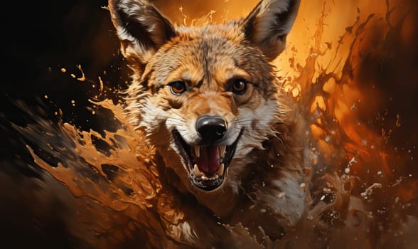 Painting of a wolf baring its teeth in aggression.