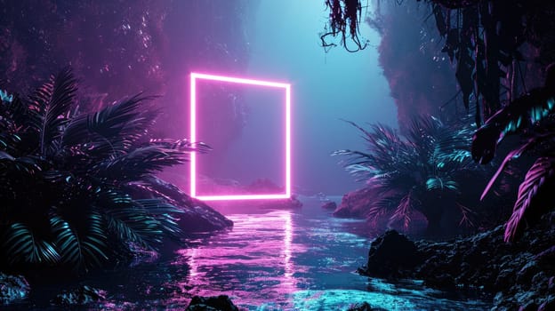 The great pink floating square beyond the land that surrounded with a lot amount of the tree in forest at the dawn or dusk time of the day that shine light to the every part of the picture. AIGX03.