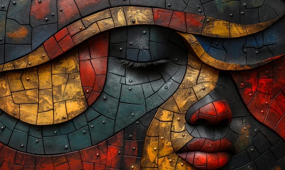 A portrait of a womans face painted in vibrant colors. Selective focus.
