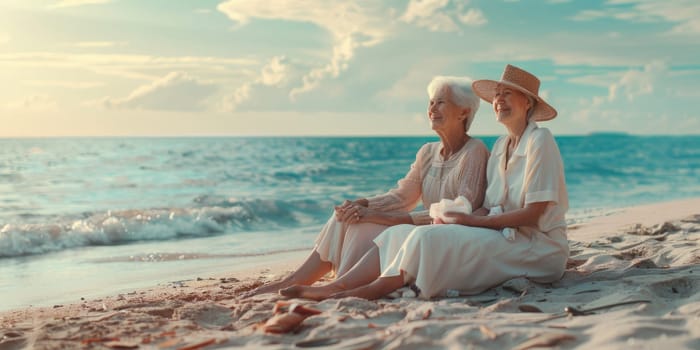 Two elderly women are sitting on the beach, looking out at the ocean. They are both wearing white and have their hair up. The sun is setting, and the sky is a warm, orange color. The waves are gently crashing against the shore. The women are smiling and look peaceful and content. AIG51A.