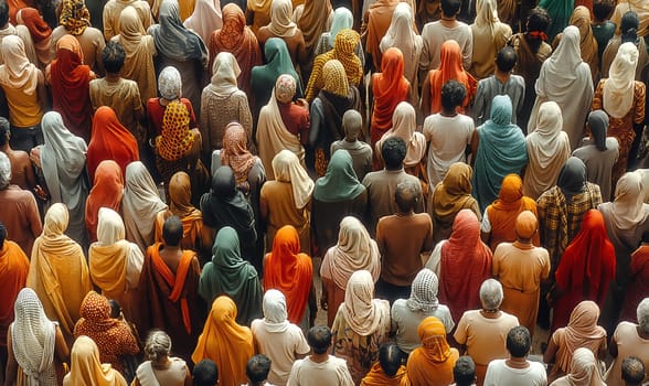 A mass of people standing closely in a group outdoors.