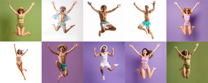 Summer people collection set, diverse people jumping on colorful background, many people funny jump wearing summer outfit fashion ready for swim and summer activity, summertime, beachwear AIG48
