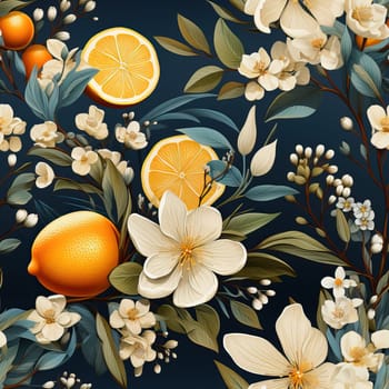 Still life painting of oranges and flowers against a blue background.