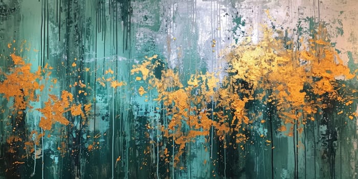 The abstract picture of the gold, green and yellow colour that has been painted or splashed on the white blank background wallpaper to form random shape that cannot be describe yet beautiful. AIGX01.