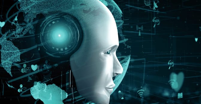 MLP 3d illustration Internet connection controlled by AI robot huminoid and machine learning process to analyze data connectivity and cyber security. 3D rendering.