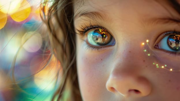 A close up of a little girl with black hair, bangs, smiling, with twinkling Christmas lights reflecting in her iris, eyelashes, nose, and rosy cheeks. A beautiful scene filled with joy and fun AIG50