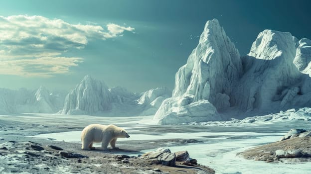 The white polar bear that walking in the middle of ice mountain or iceberg that has been warmed and also melting by the light and heat of the sun in the north pole or south pole of the earth. AIGX03.