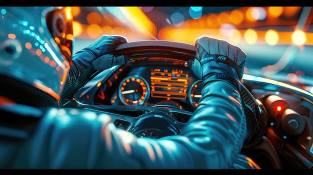 Professional racing car driver driving surrounded with panel while holding car steering wheel with blurring background. Hand on the wheel and driving high speed. First person point of view. AIG42.