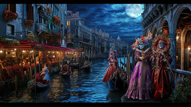 A grand Venetian carnival scene, elaborate masks and costumes, gondolas on the canal under moonlight. Resplendent.