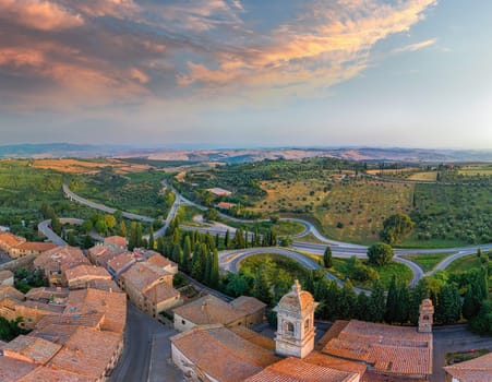 Aerial view Orcia Valley in Tuscany with the beautiful village of San Quirico