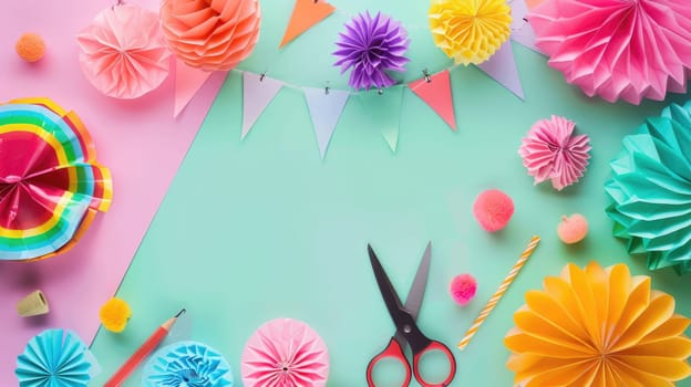 There is an array of craft supplies on the table including green textiles, plant motifs, aqua paint, magenta patterns, and creative art materials AIG50