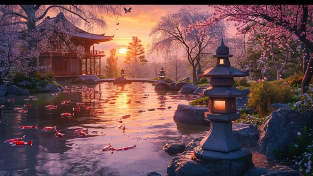 The warm sunset glow reflects on the tranquil waters of a koi pond by a traditional Japanese pavilion, surrounded by the soft pink hues of cherry blossoms. Resplendent.