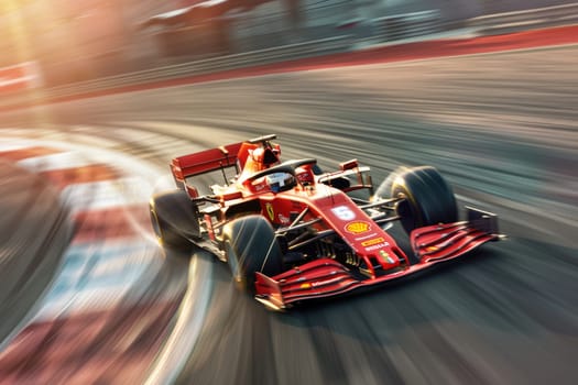 Formula 1 car racing on the circuit track while driving at high speed and accelerating at full power AIG44