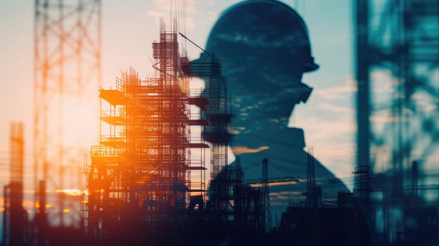 Double exposure of engineer wearing safety helmet with building construction or skyscraper. Close up portrait of architect or interior designer thinking about designing architectural building. AIG42.