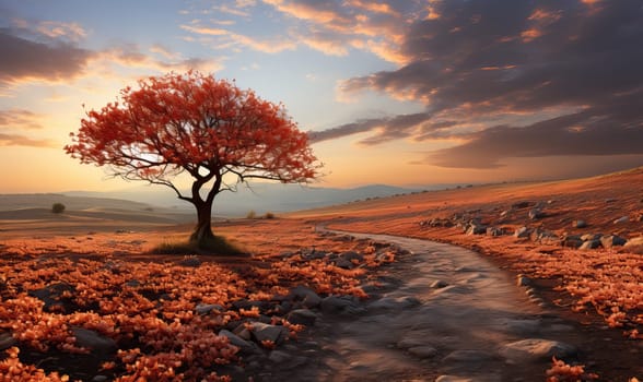 A single tree stands tall in the center of a vast open field.