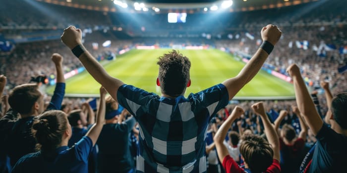 A crowd of fans at a competition event in a stadium, with arms in the air, sharing the fun and entertainment of watching a soccer game. AIG41